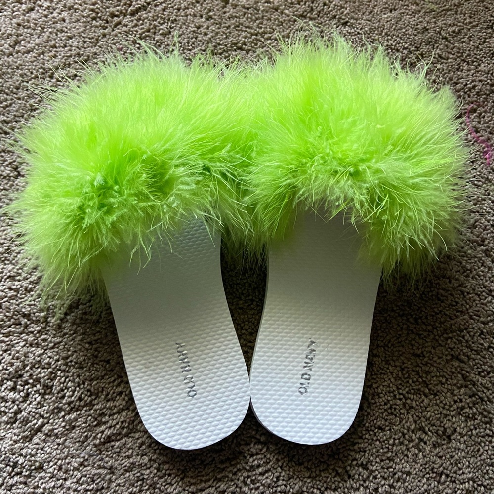 Green Furry Hand Made Old Navy Slides .